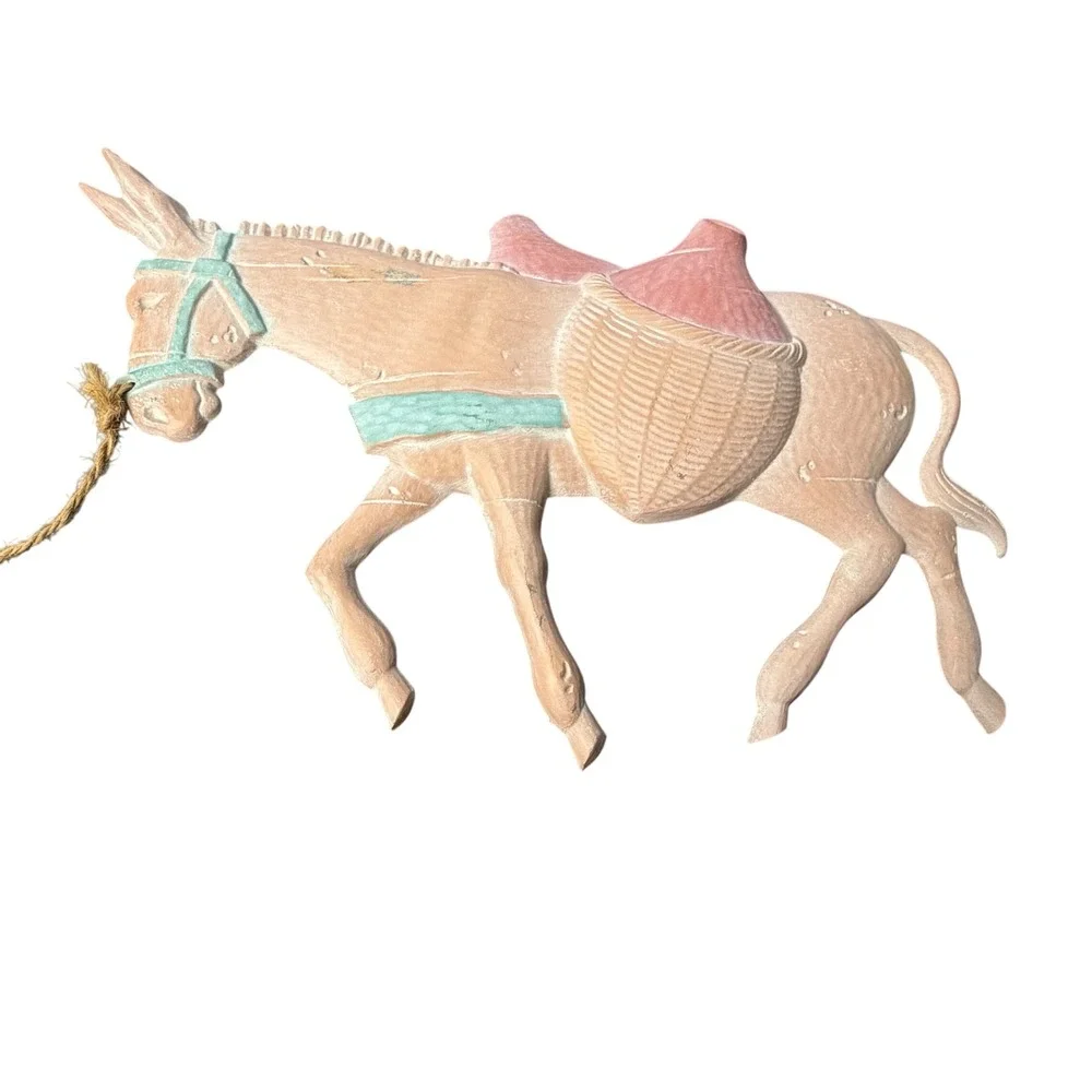 Vintage‎ Mexican Folk Art Wall Hanging Man Leading Donkey 2pc Set Rustic Decor